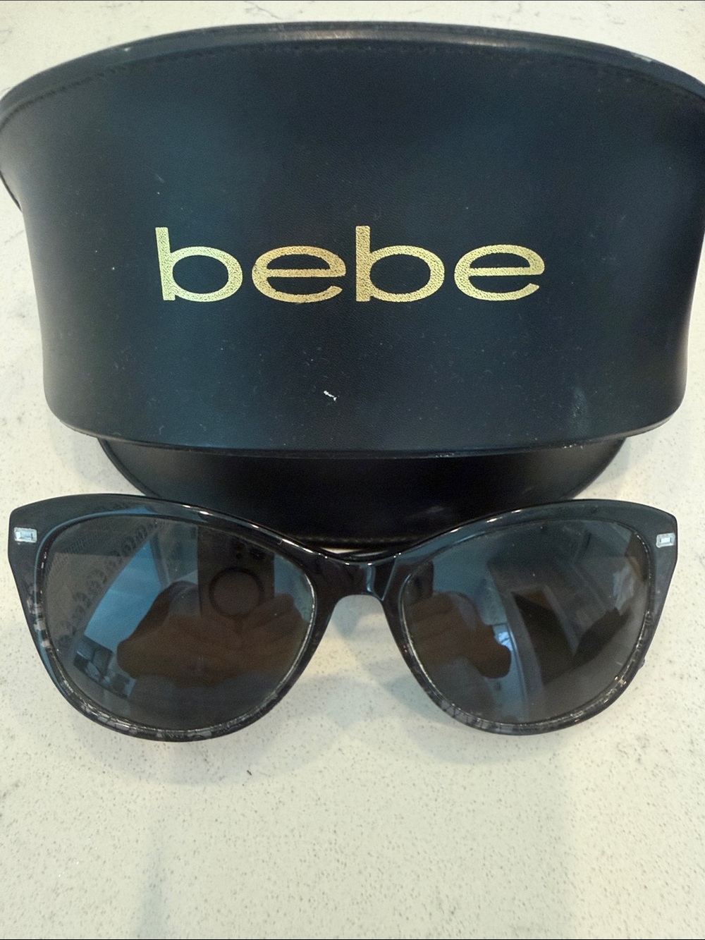 bebe Black Cat-Eye Sunglasses with Gold Logo Case, prescription
